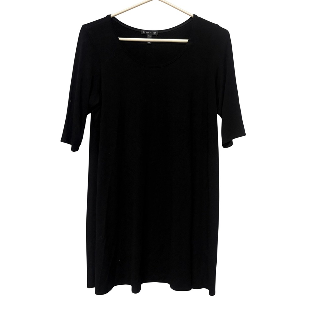 Eileen Fisher Black Viscose Jersey Scoop Neck Elbow Sleeve Tunic Top Large